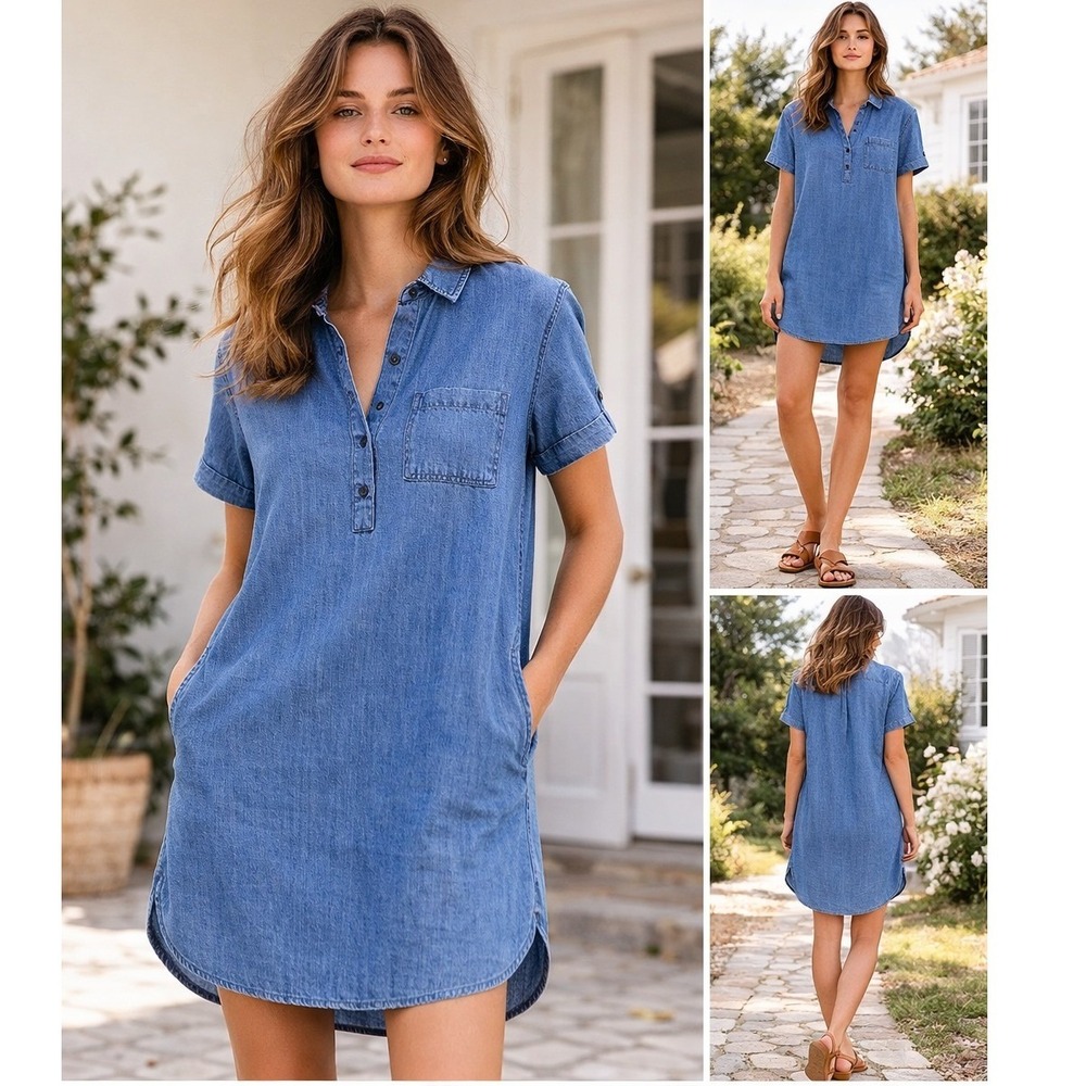 J. Crew Women's S Chambray Dress Pullover Collared Pockets Collared Round Hem